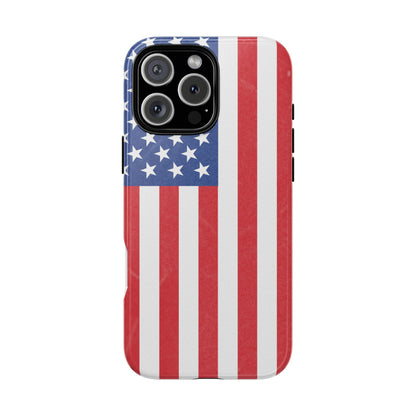 American flag tough phone case for iPhone and Samsung, patriotic protective cover with bold flag design by Printify.