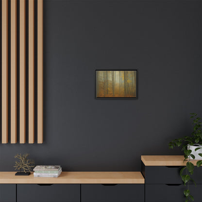 Framed matte canvas wall art of a misty autumn forest, featuring vibrant fall colors and detailed tree silhouettes.