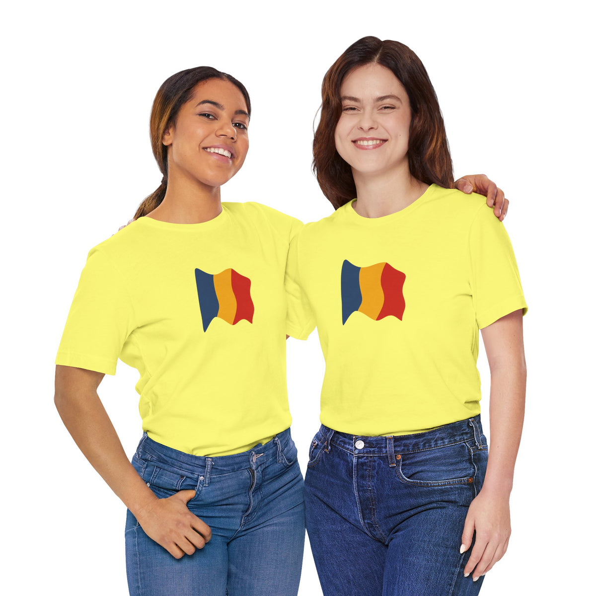 Romania flag T-shirt by Printify featuring a minimal waving tricolor design on a casual T-shirt.