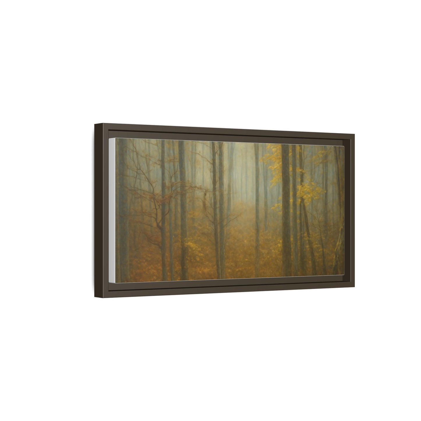 Framed matte canvas wall art of a misty autumn forest scene, featuring vibrant fall colors and detailed woodland scenery.