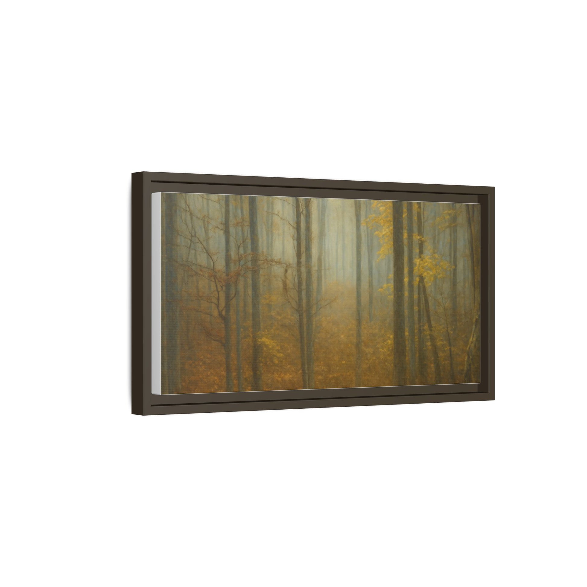 Framed matte canvas wall art of a misty autumn forest scene, featuring vibrant fall colors and detailed woodland scenery.