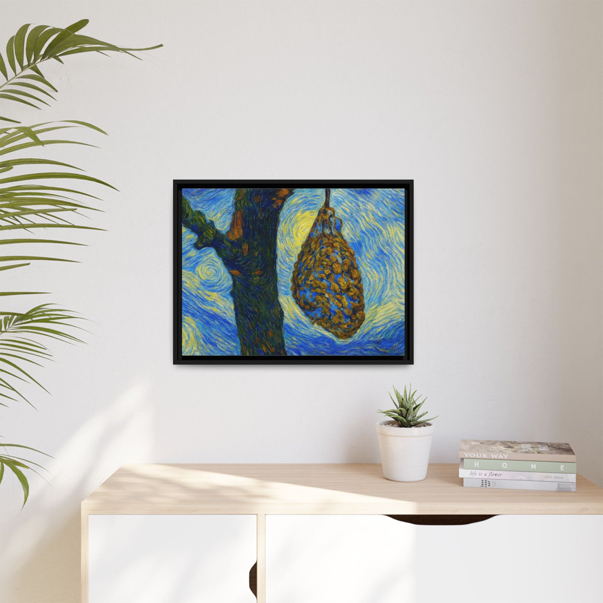 Framed matte canvas art of a starry nut cluster with dried plums on a tree, by Printify, showcasing detailed botanical imagery.