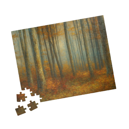 Misty autumn forest woodland trees puzzle by Printify, featuring detailed forest scene with colorful fall foliage and woodland imagery.