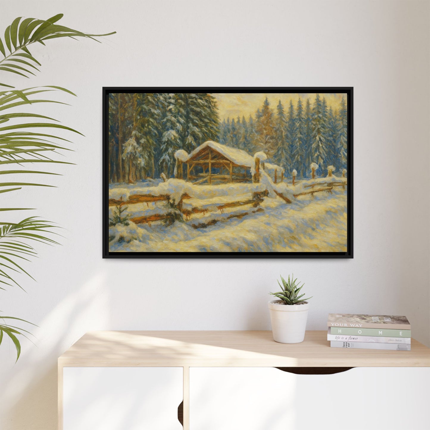 Snowy cabin matte canvas wall art featuring a winter landscape scene, framed for home decor by Printify.