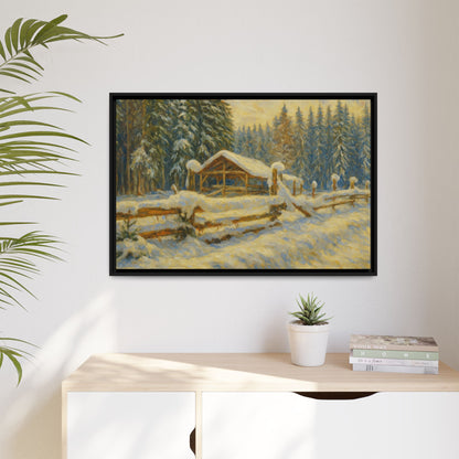 Snowy cabin matte canvas wall art featuring a winter landscape scene, framed for home decor by Printify.