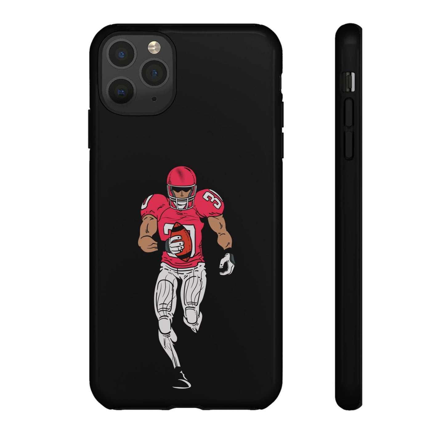 Black football player tough phone case for iPhone, durable protective sports-themed case by Printify.