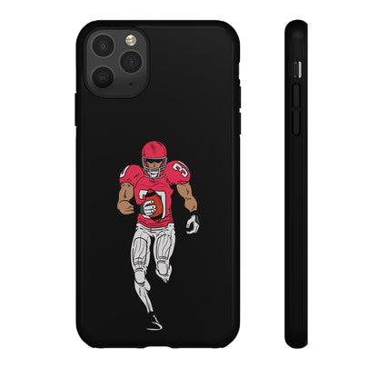 Black football player tough phone case for iPhone, durable protective sports-themed case by Printify.