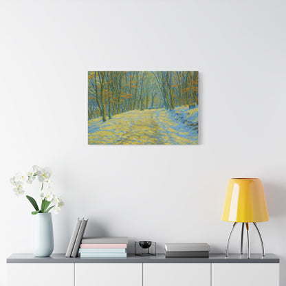 Winter landscape canvas wall art by Printify featuring a cozy nature scene, perfect for living room decor.