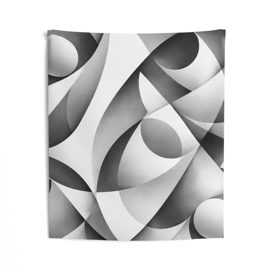 Abstract monochrome geometric wall tapestry by Printify, modern wall art featuring bold black and white shapes for contemporary decor.