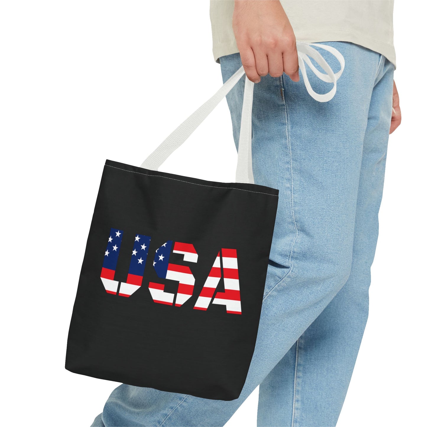 American flag tote bag by Printify, reusable summer carryall with patriotic USA flag design, perfect for 4th of July celebrations.