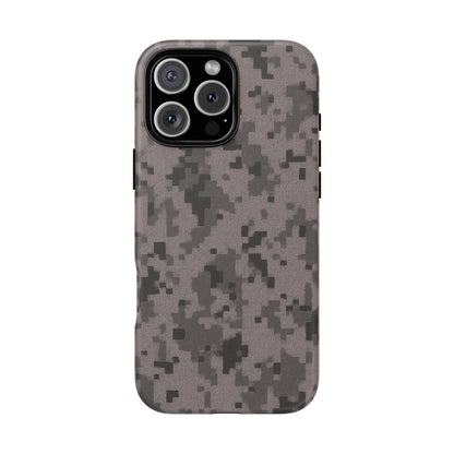 Gray digital camouflage phone case by Printify, tough protective cover for smartphones with a rugged camouflage design.