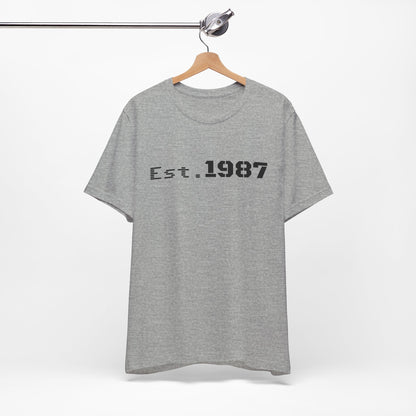 Vintage Est. 1987 T-Shirt by Printify featuring bold printed design celebrating the year 1987.