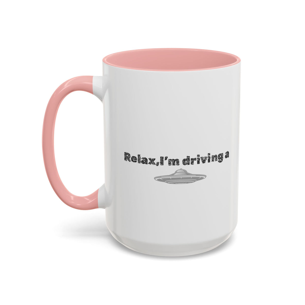 Ceramic coffee mug with "Relax, I’m Driving" UFO accent design in 11 oz size, featuring a colorful space-themed print.