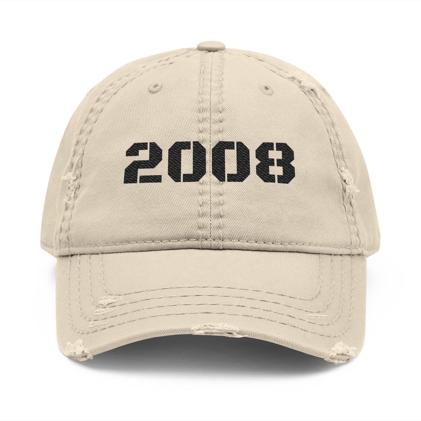 Vintage 2008 distressed dad hat with embroidered design, casual baseball cap by Printify, featuring a worn, rugged look.