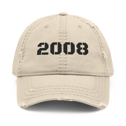 Vintage 2008 distressed dad hat with embroidered design, casual baseball cap by Printify, featuring a worn, rugged look.