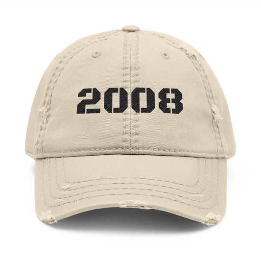 Vintage 2008 distressed dad hat with embroidered design, casual baseball cap by Printify, featuring a worn, rugged look.