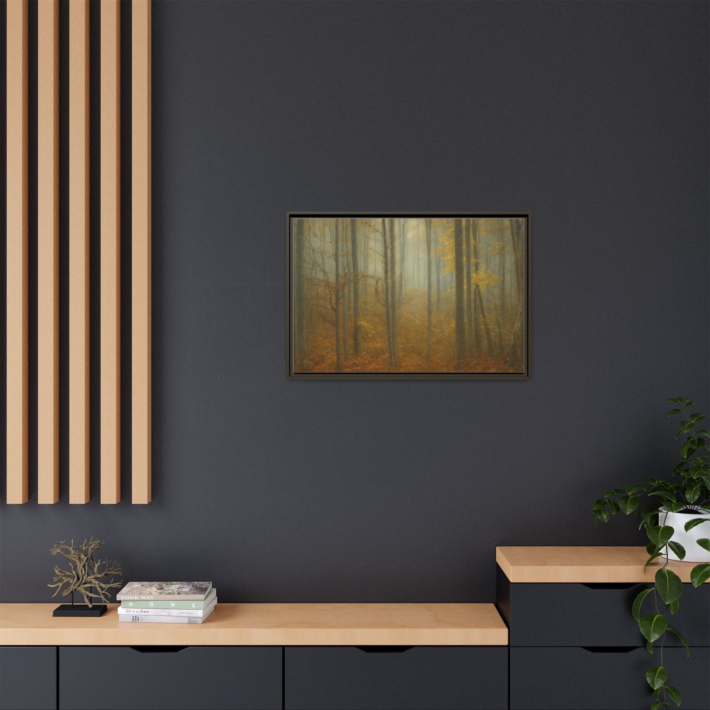 Framed matte canvas wall art of a misty autumn forest, featuring vibrant fall colors and detailed tree silhouettes.
