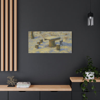 Snowy forest winter landscape canvas wall art, matte stretched print by Printify showing a peaceful snow-covered forest scene.