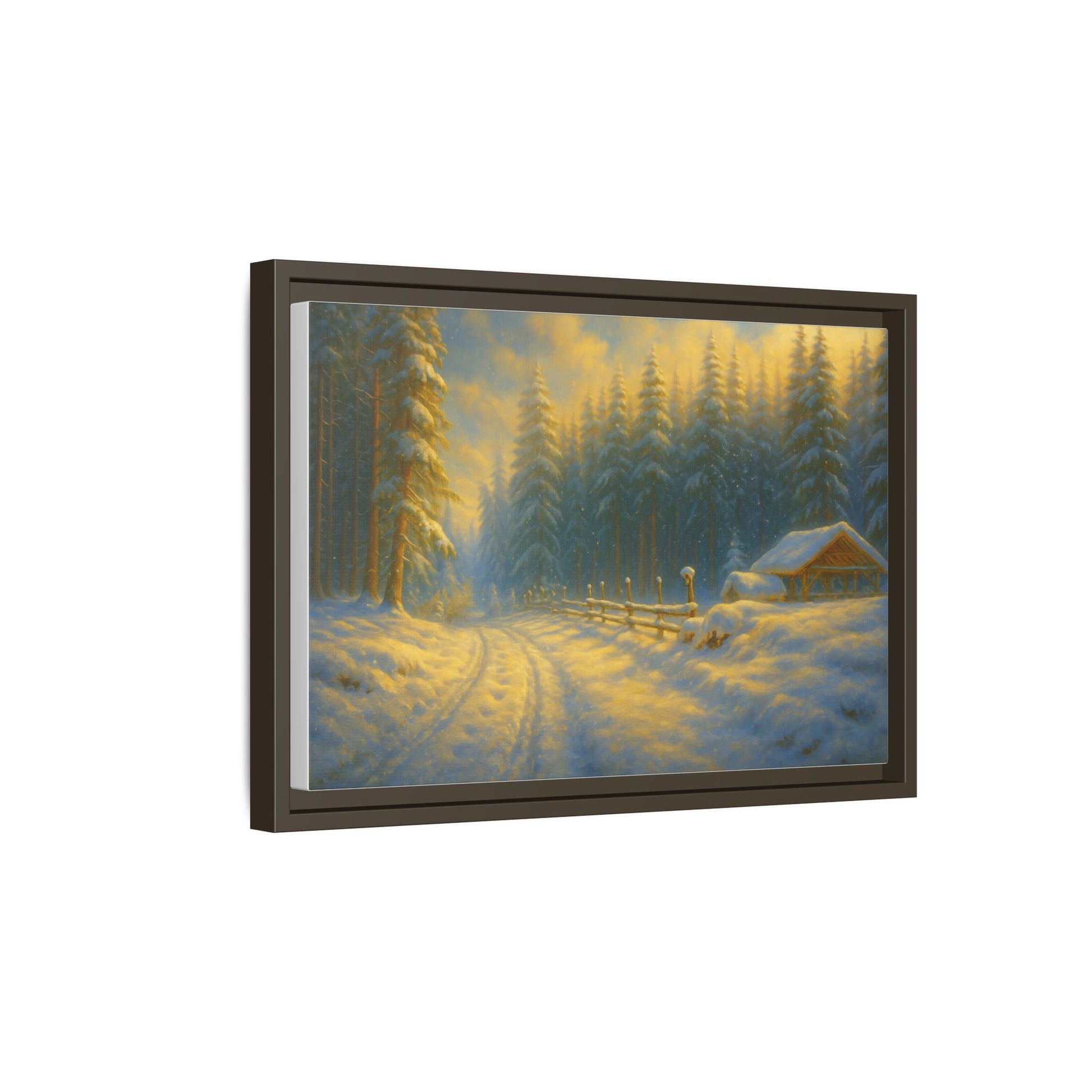 Framed winter cabin canvas print featuring a snowy forest sunset wall art by Printify, showcasing a serene winter landscape scene.