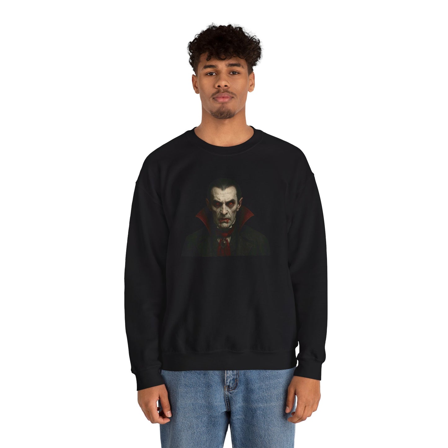 Vampire portrait crewneck sweatshirt from Printify featuring a dark, artistic vampire design on a comfortable black sweatshirt.