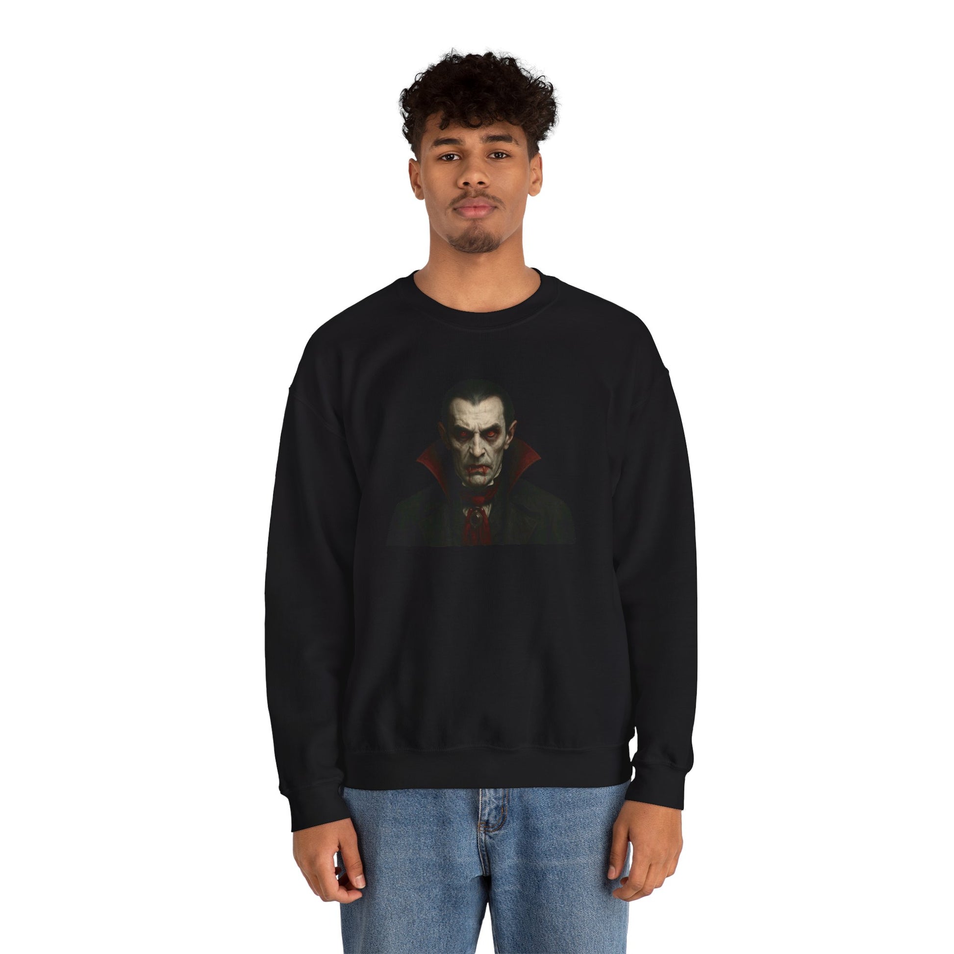 Vampire portrait crewneck sweatshirt from Printify featuring a dark, artistic vampire design on a comfortable black sweatshirt.