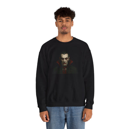 Vampire portrait crewneck sweatshirt from Printify featuring a dark, artistic vampire design on a comfortable black sweatshirt.