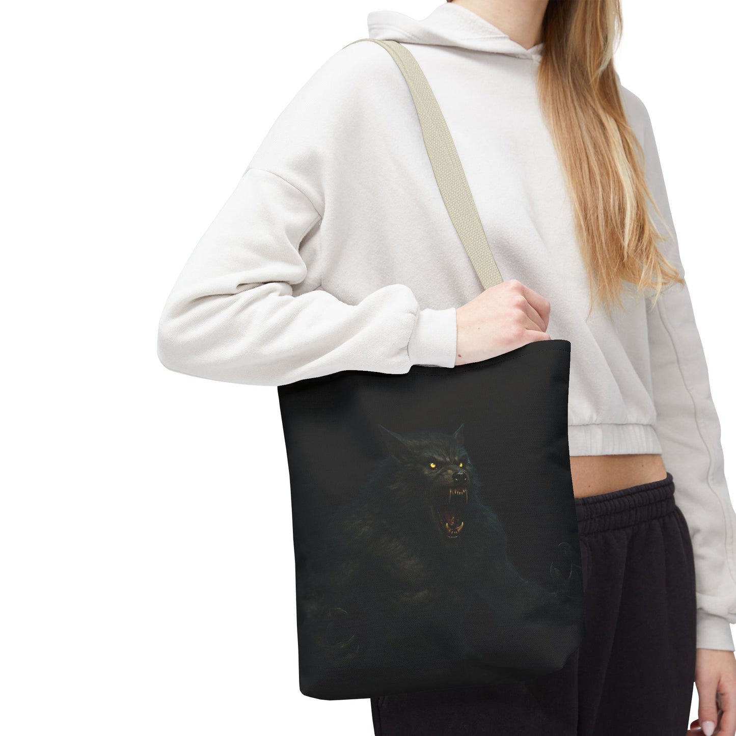 Werewolf tote bag featuring dark Halloween art, ideal gift for horror fans, made by Printify.
