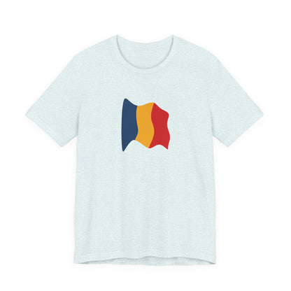 Romania flag T-shirt with minimal waving tricolor design, unisex cotton tee by Printify, casual apparel for patriotic support.