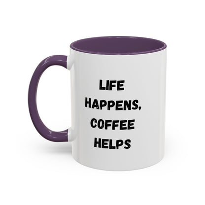 Black ceramic mug with "Life Happens Coffee Helps" slogan, 11oz or 15oz capacity, with a black handle and rim, by Printify.