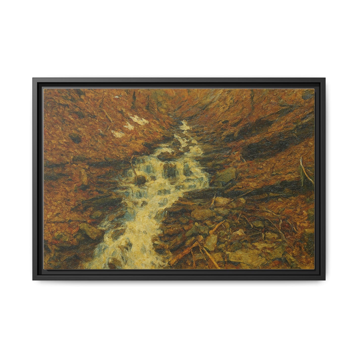 Framed matte canvas print of autumn stream landscape artwork by Printify, showcasing vibrant fall trees and flowing water.