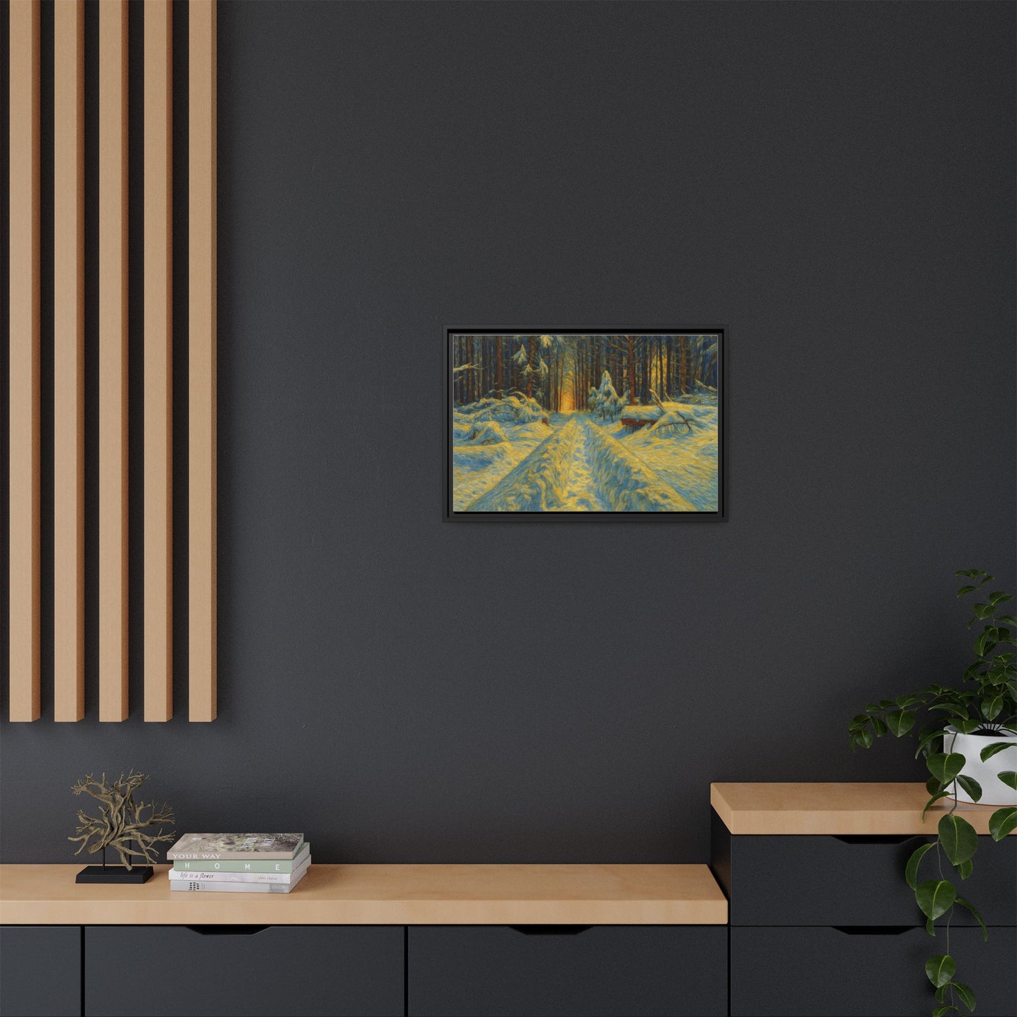Framed matte canvas print of a snowy forest path at sunset, featuring vibrant colors and detailed woodland scenery.