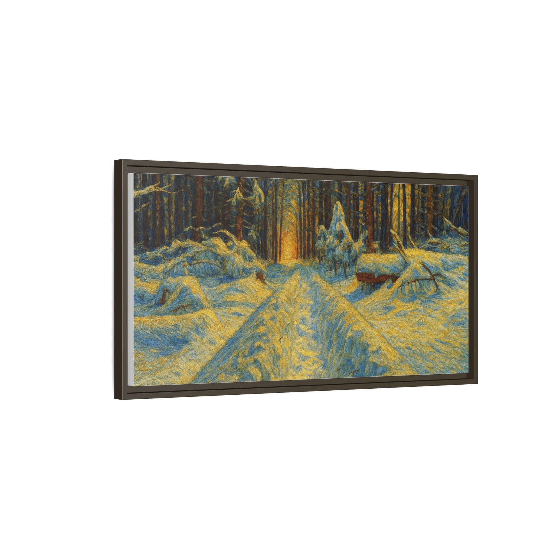 Framed matte canvas print of a snowy forest path at sunset, wall art by Printify, showcasing winter landscape and warm sunset colors.