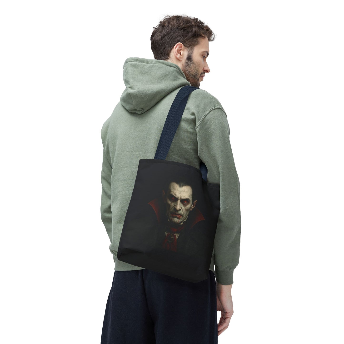 Black vampire-themed tote bag with spooky gothic design, perfect as a Halloween accessory, by Printify.