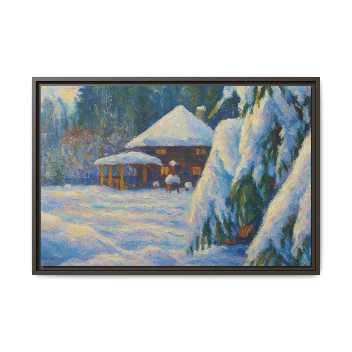 Framed matte canvas wall art of a snowy cabin winter landscape, showcasing a cozy winter scene with snow-covered trees and a rustic cabin.
