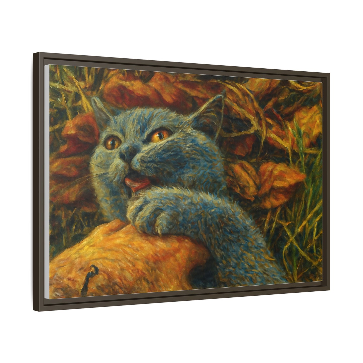Blue cat canvas print featuring whimsical wall art, perfect gift for cat lovers, created by Printify.