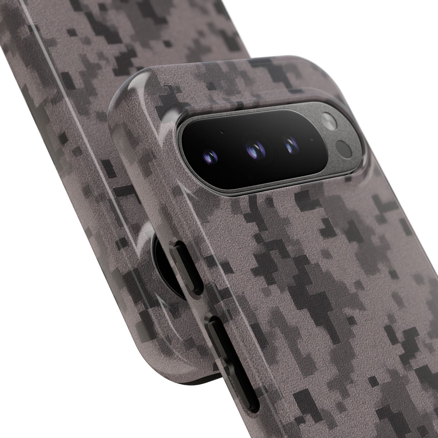 Gray digital camouflage phone case by Printify, tough protective cover designed for smartphones with a rugged camo pattern.