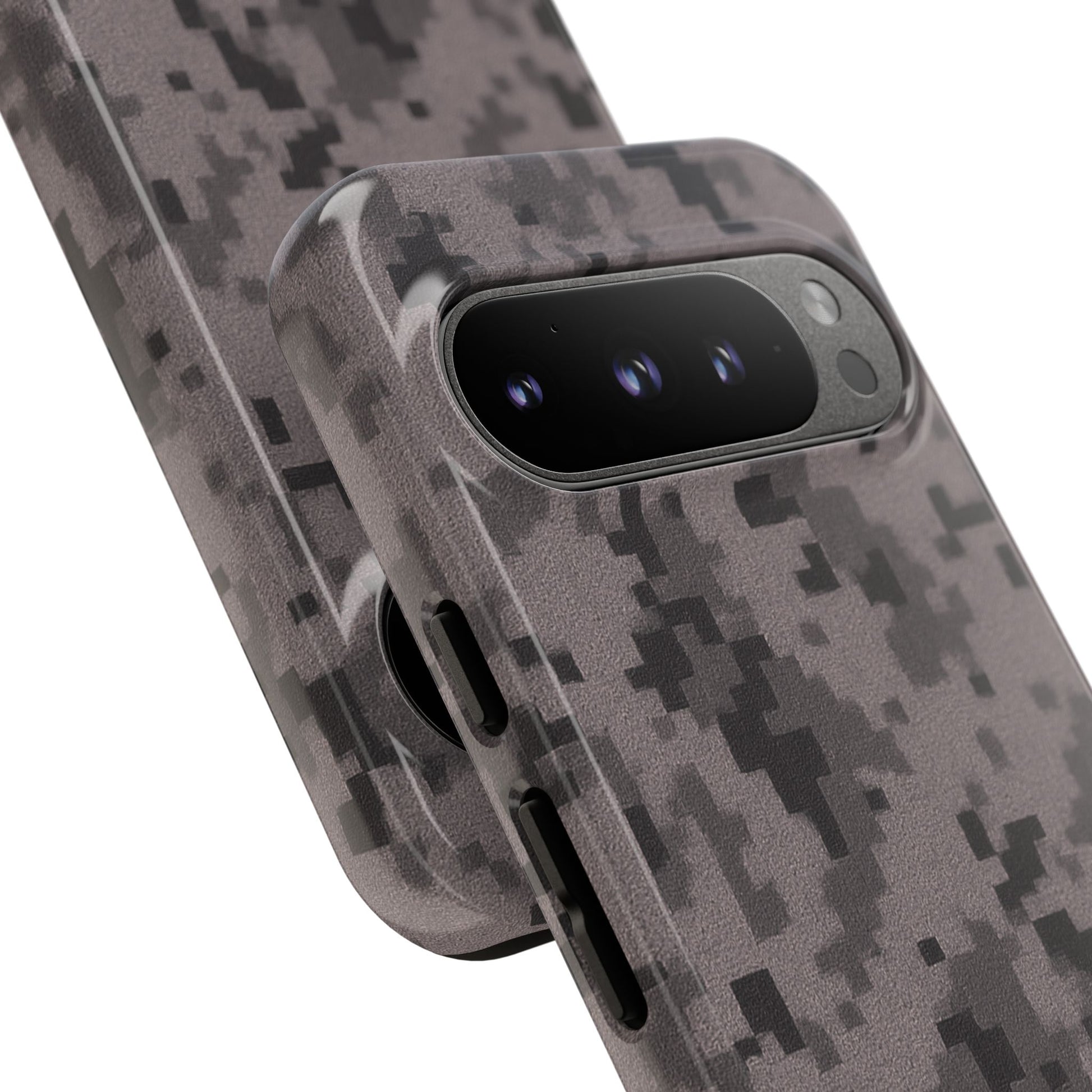 Gray digital camouflage phone case by Printify, tough protective cover designed for smartphones with a rugged camo pattern.