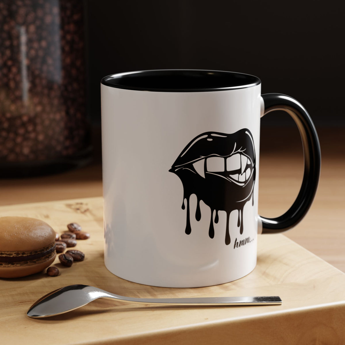 Black dripping lips accent coffee mug with bite graphic, 11oz or 15oz size, featuring bold print and modern design.