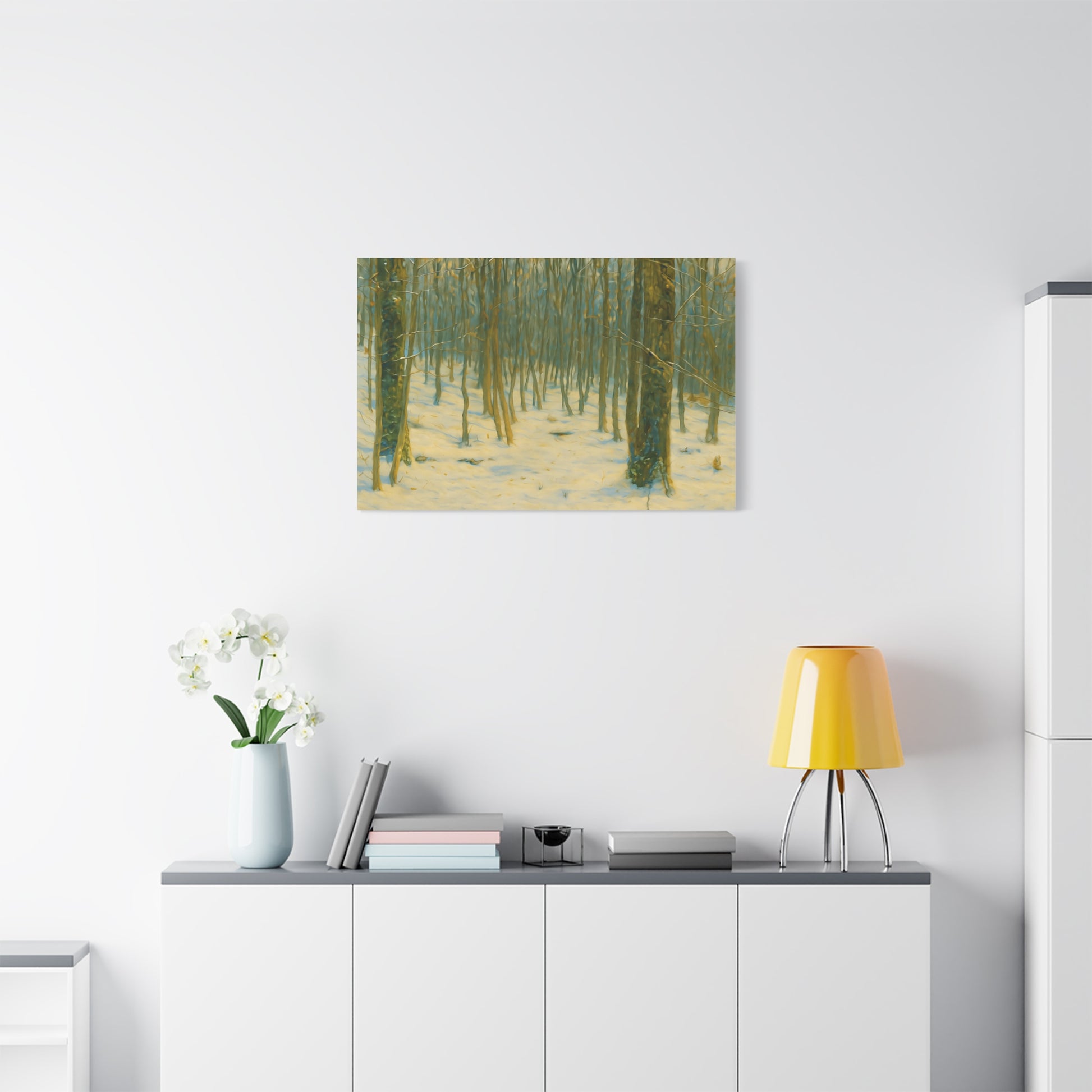 Snowy winter forest landscape canvas print by Printify, featuring a stretched matte canvas with a winter scene of trees and snow.