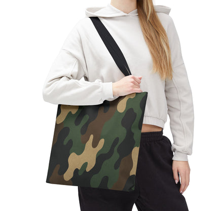 All-over print camo canvas tote bag by Printify, featuring a spacious carryall design with camouflage pattern.
