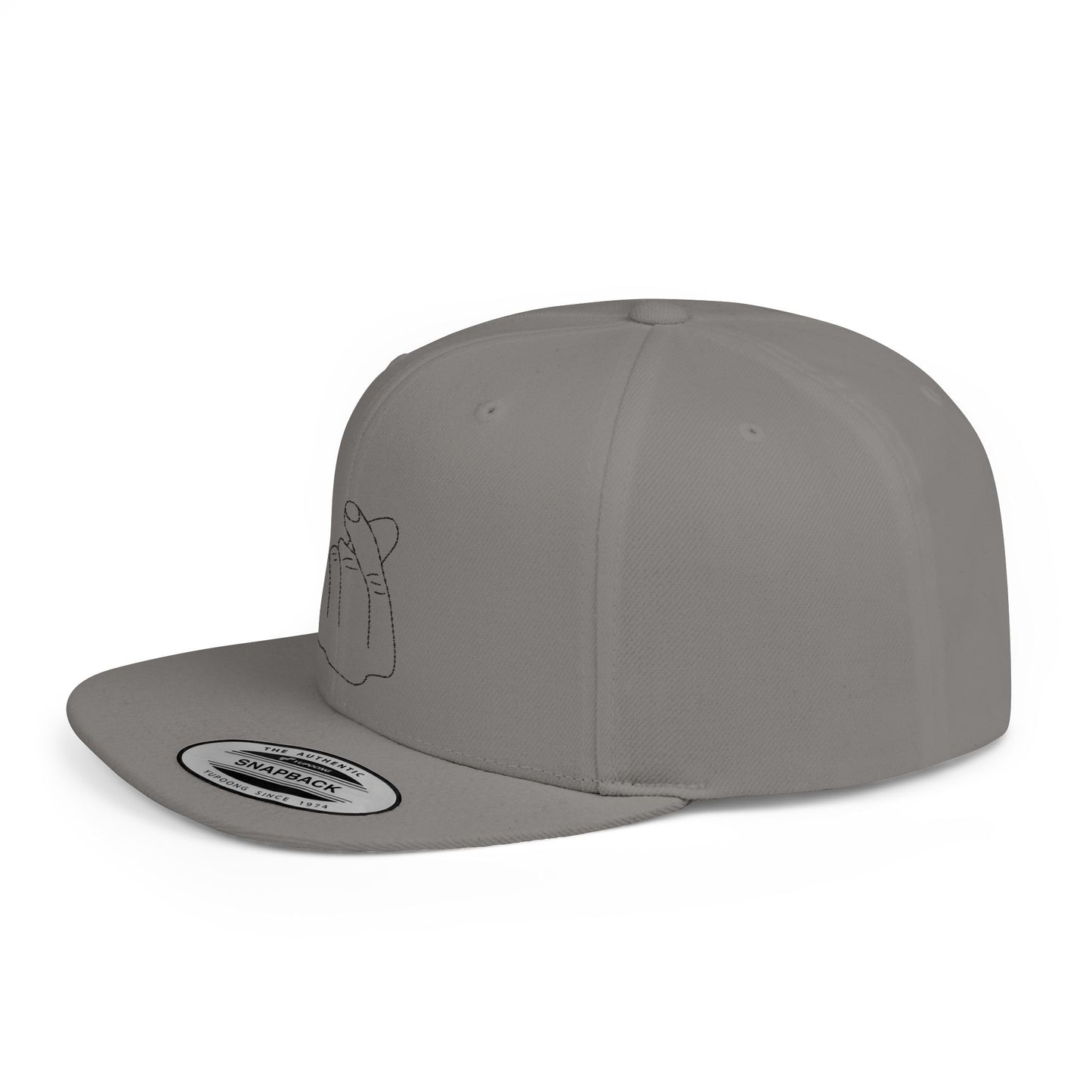 Black minimalist snapback hat with hand gesture flat bill design by Printify, featuring a structured crown and adjustable strap.
