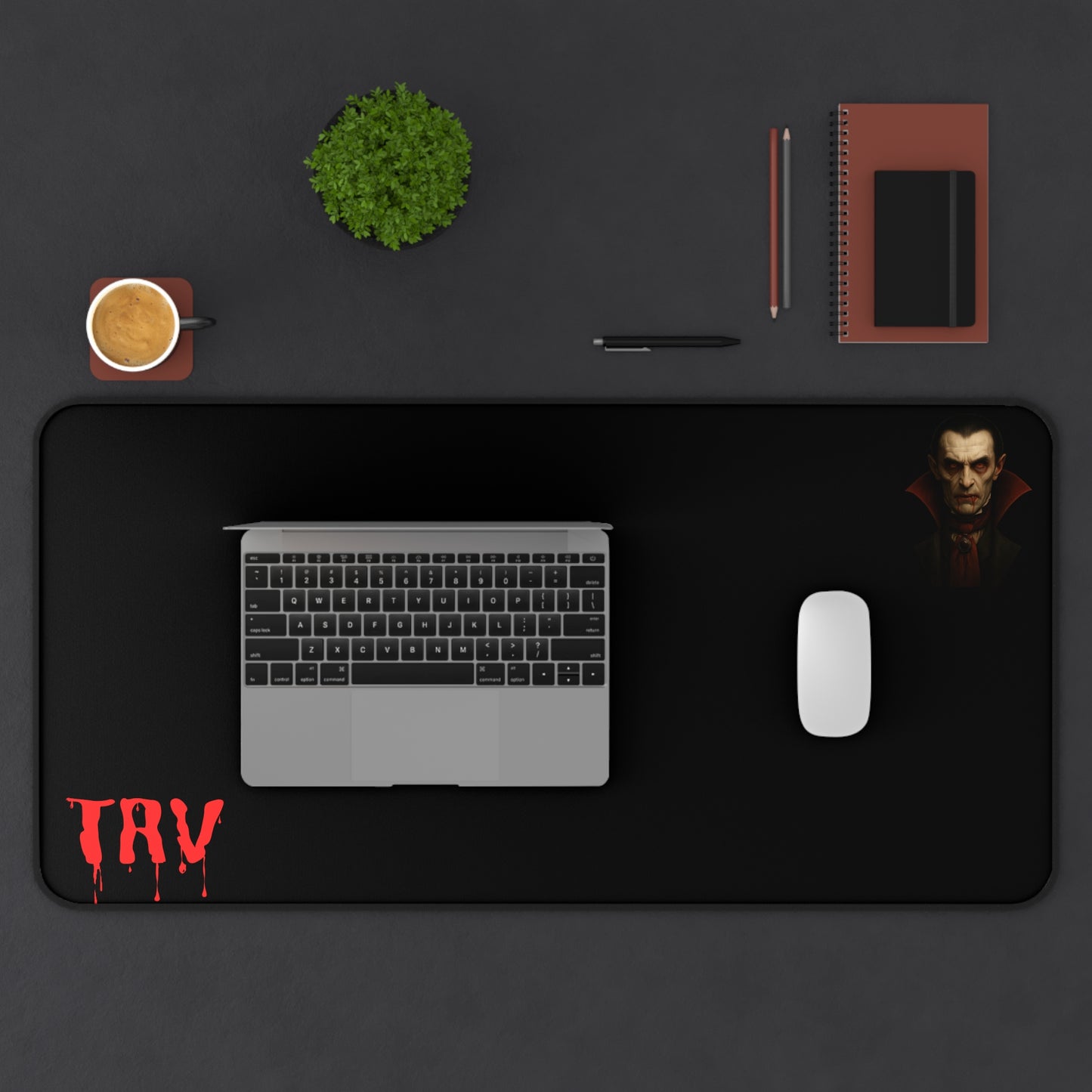 Vampire portrait desk mat with blood drip design, featuring dark gothic artwork on a Printify mouse pad for gaming or workspace.