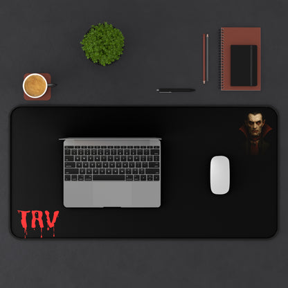 Vampire portrait desk mat with blood drip design, featuring dark gothic artwork on a Printify mouse pad for gaming or workspace.