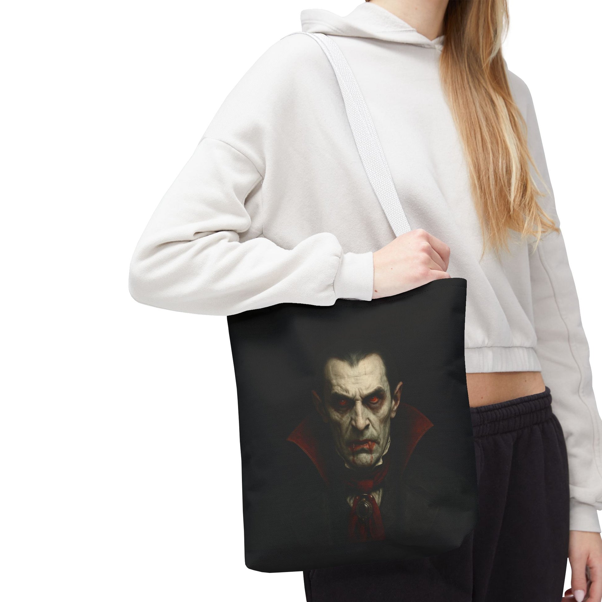 Black vampire tote bag with spooky gothic Halloween design, featuring a vampire illustration, perfect for gothic accessories.