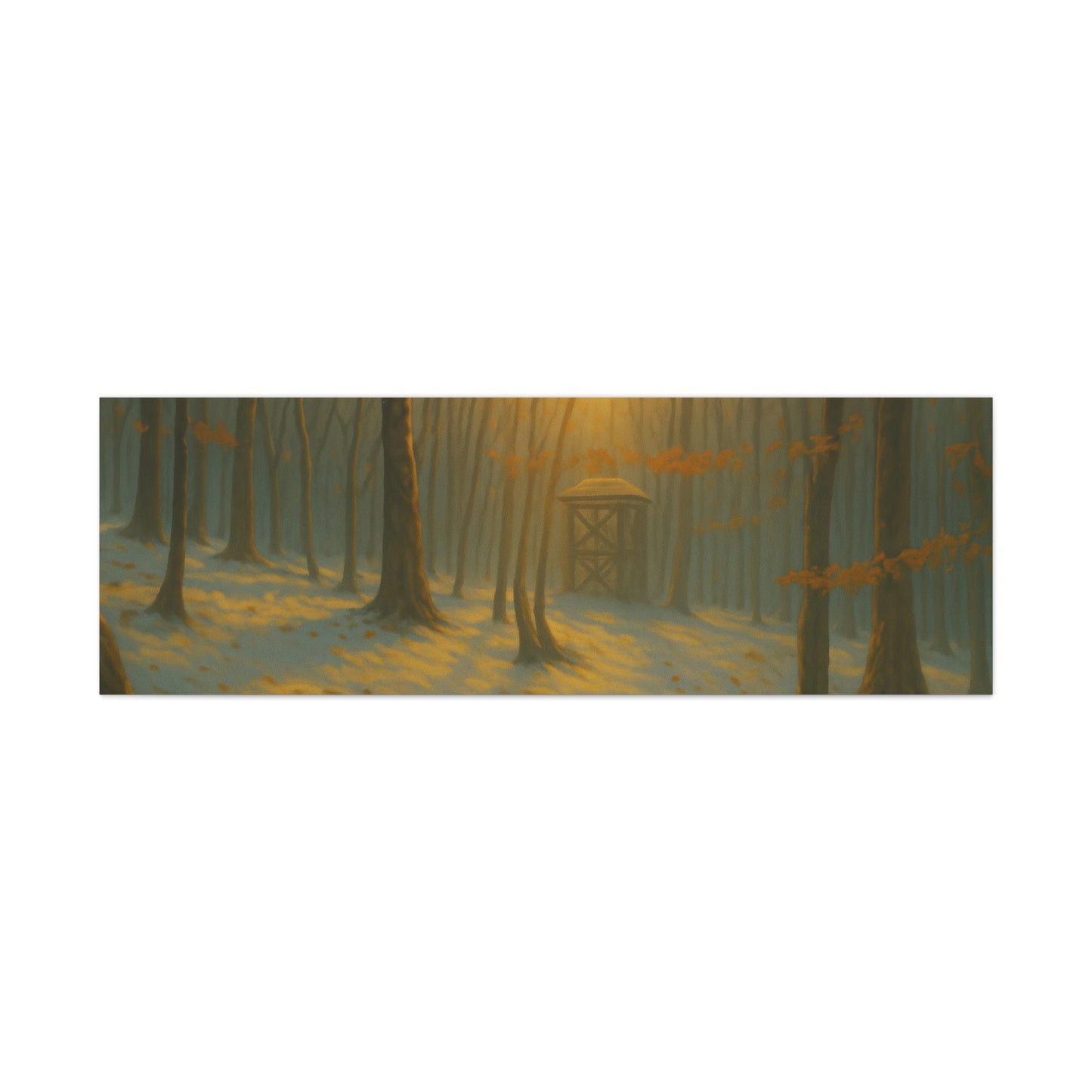 Matte stretched canvas featuring Misty Forest Sunrise landscape art print by Printify, showcasing a tranquil forest scene at dawn.