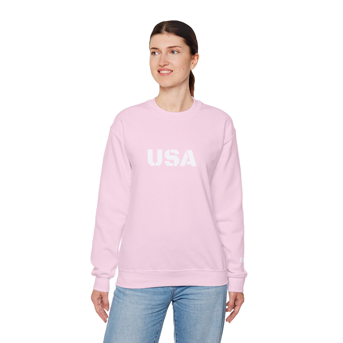 Printify USA crewneck sweatshirt with patriotic design, cozy fit, perfect for every season, displayed on a plain background.