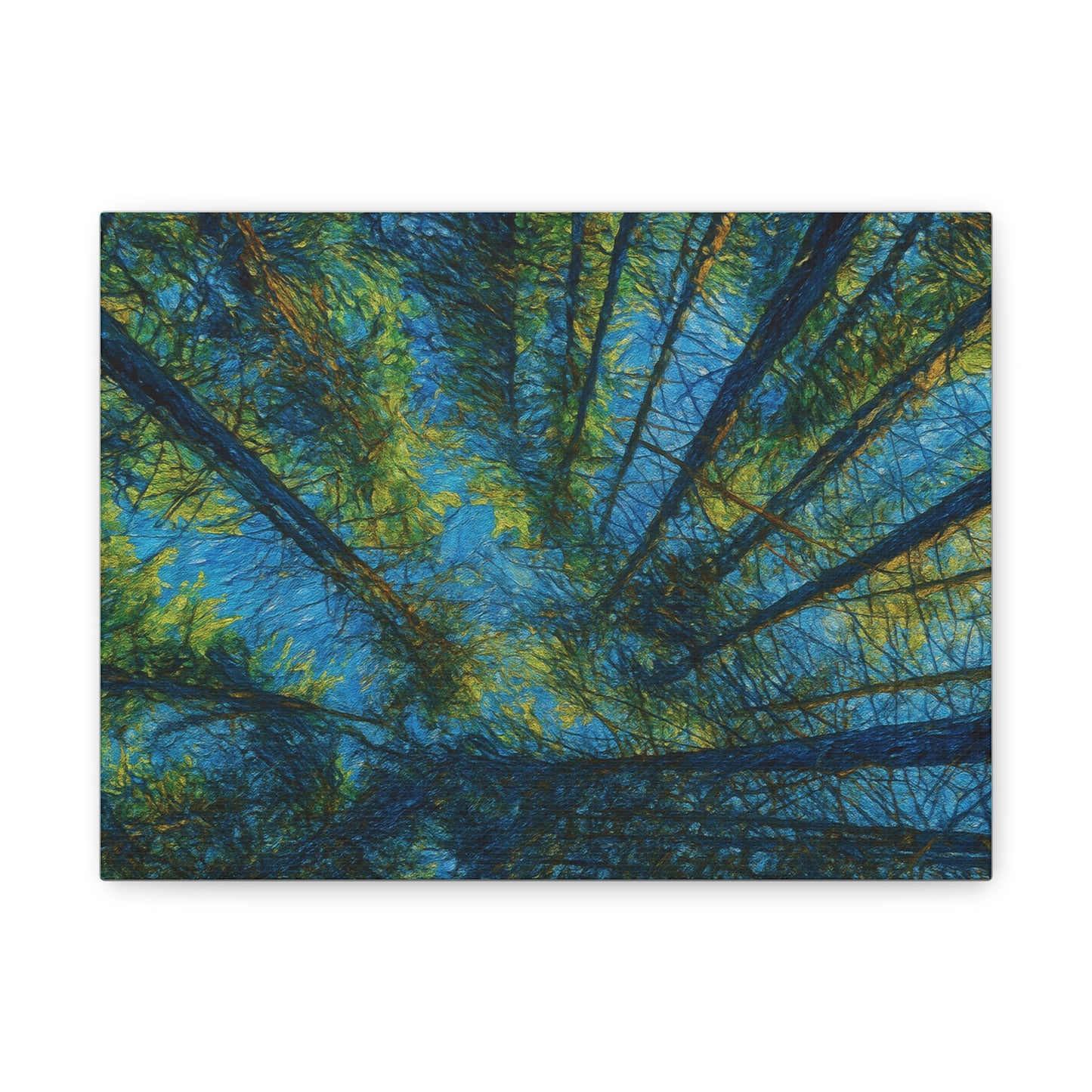 Forest Canopy Matte Canvas Wall Art — Upward View of Trees, Blue & Green Nature Print