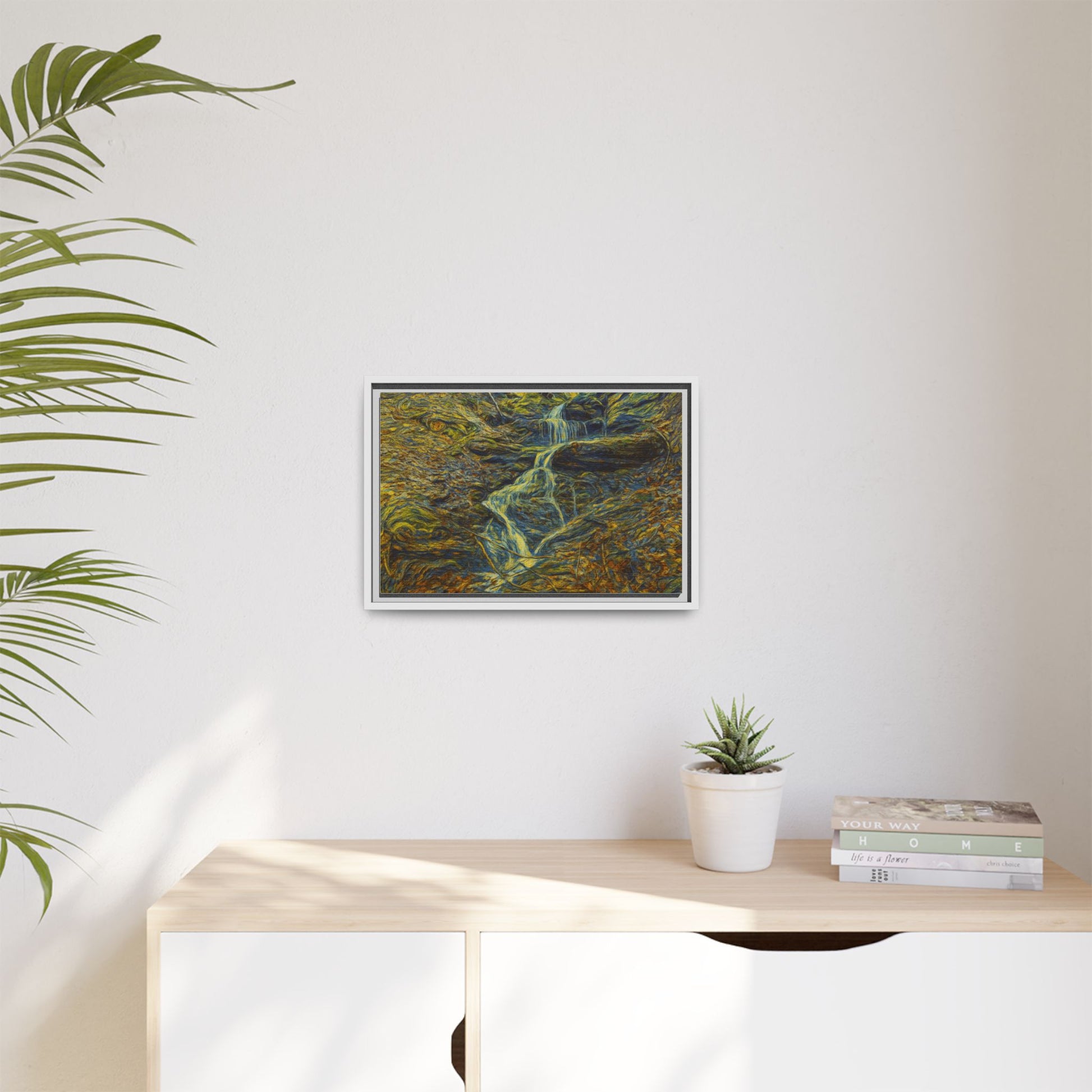 Framed matte canvas wall art of an autumn forest with a waterfall, depicting vibrant fall foliage and a serene natural scene.