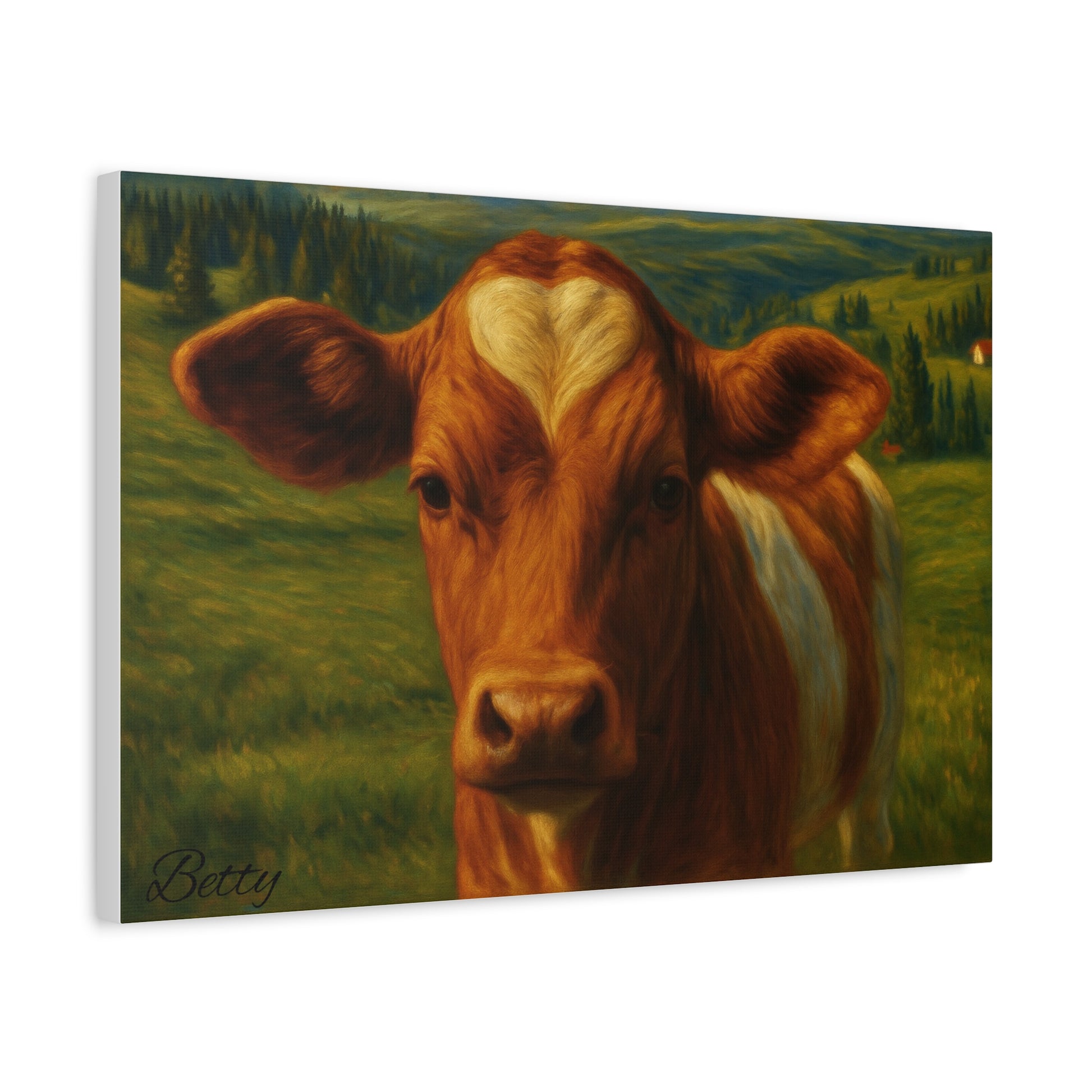 Canvas print of a cow portrait with a heart-shaped forehead, farm animal wall art by Printify.