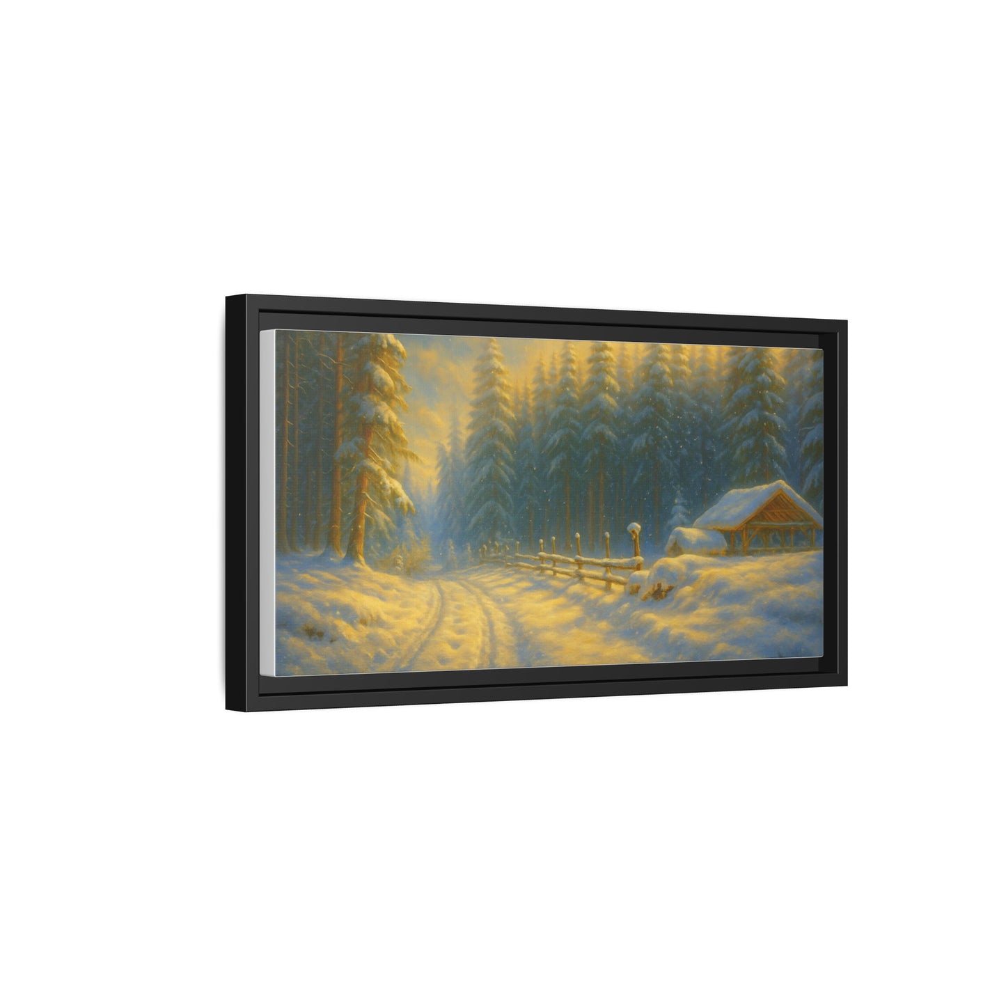 Framed winter cabin canvas print by Printify depicting a snowy forest sunset, wall art for cozy holiday decor.